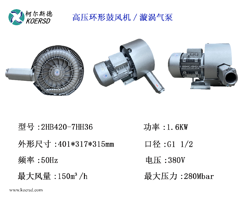 2HB420-7HH36 1.6KW双叶轮高压鼓风机性能参数